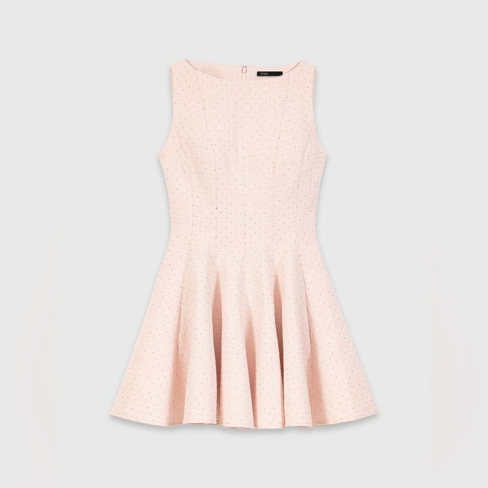 NWOT MAJE Short flared tweed Sleeveless Pink Fit-and-Flare mini dress, S /FR36